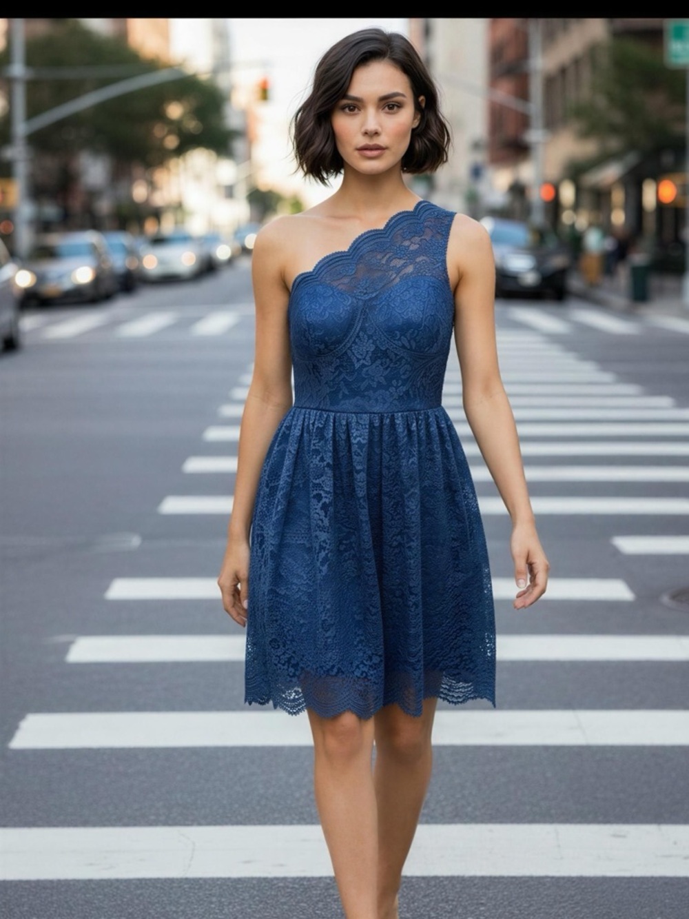 City Studio Blue One Shoulder Lace Dress